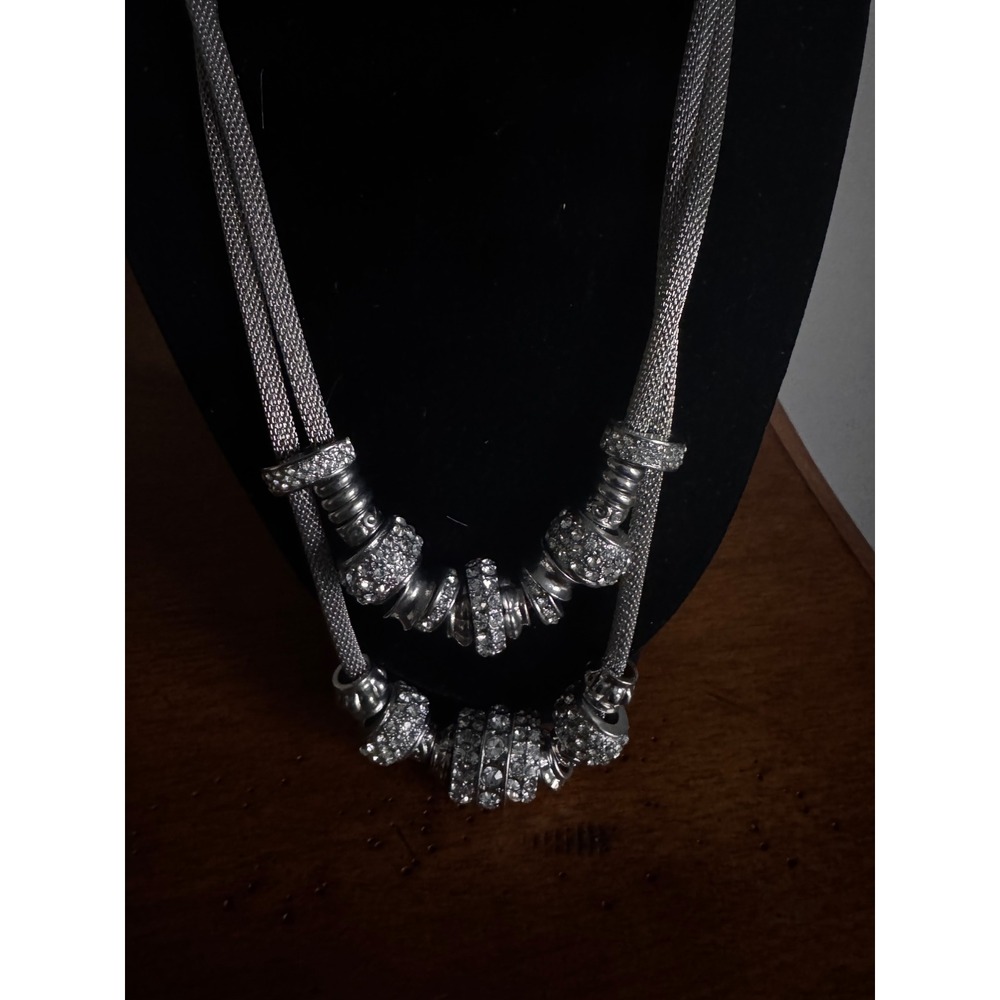 Chicos Silver Tone Mesh Double Strand Necklace with Rhinestone Charms - Picture 4 of 8